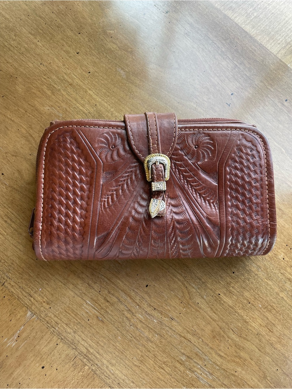Vintage Western Brown Tooled Leather Clutch with Silver & Gold Tone Buckle